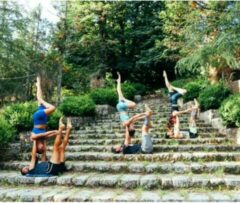 Tre coppie di persone praticano delle forme di acroyoga su una scala immersa nel verde.